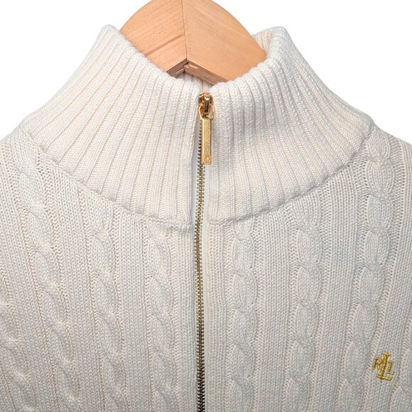 Lauren Ralph Lauren Womens Large Sweater Ivory Cable Knit Full Zip Cotton - Picture 4 of 11